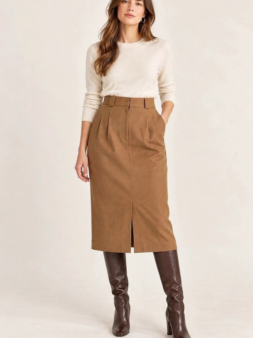 Vintage Evan-Picone 100% Wool Camel Midi Skirt Size 6